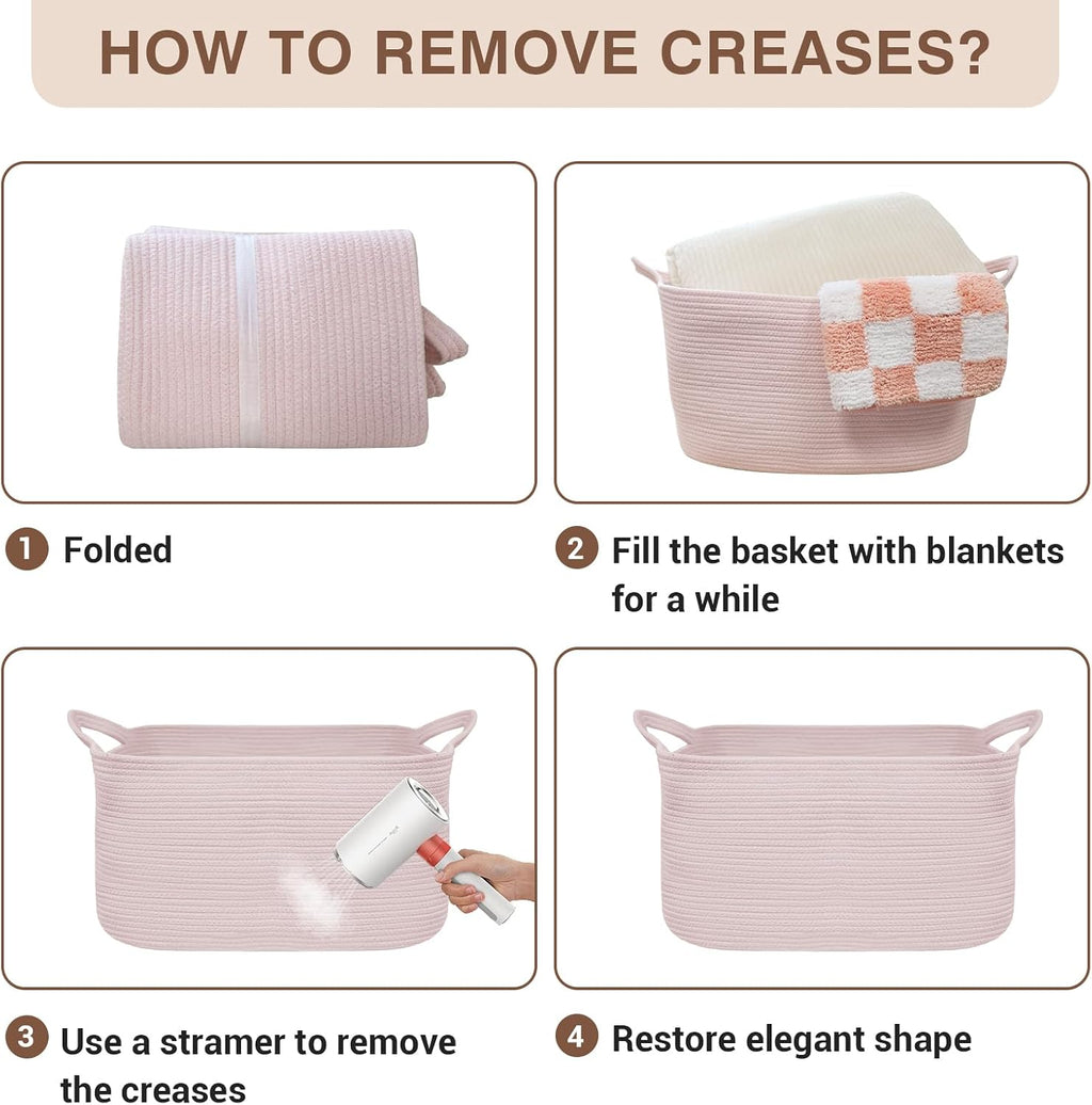 YOUDENOVA Large Blanket Basket, Rectangle Cotton Rope Storage Basket, Pink
