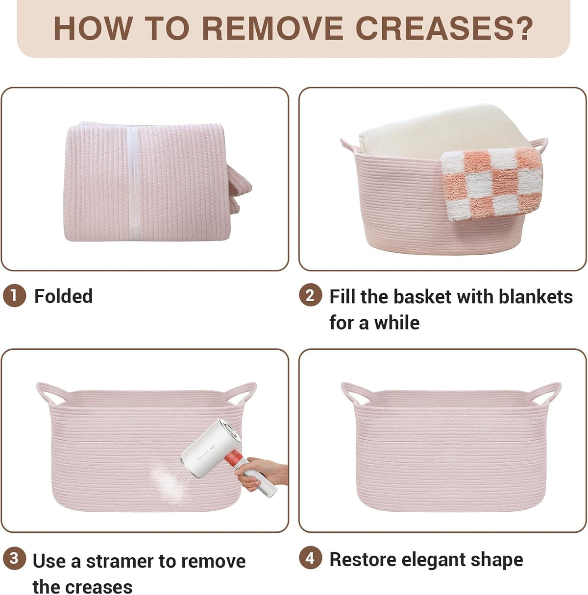 YOUDENOVA Large Blanket Basket, Rectangle Cotton Rope Storage Basket, Pink