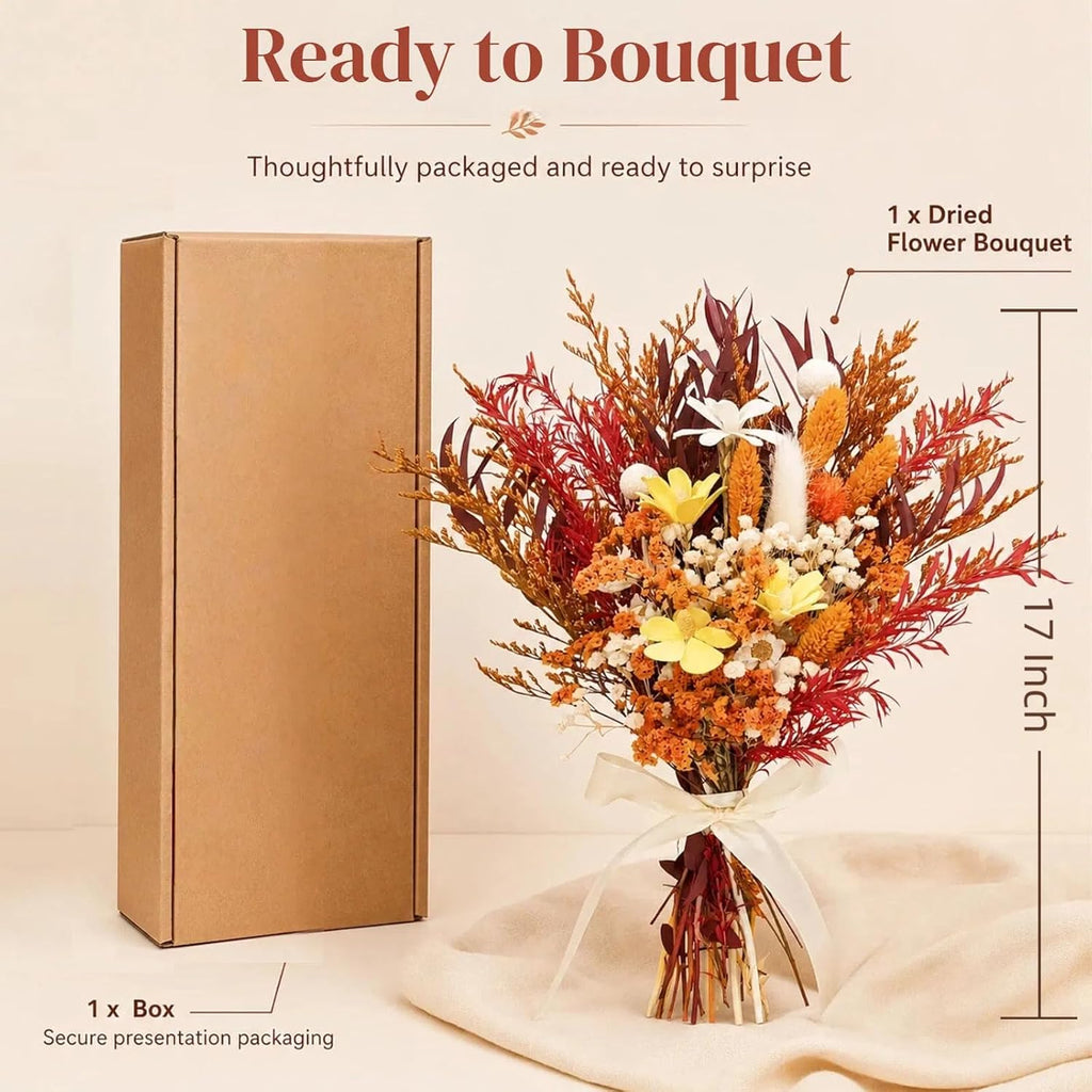 17" Dried Flower Bouquets, 100% Natural Dried Flowers with Dried Daisy,Dried Baby Breath,Eucalyptus,Orange Dried Flowers Decor for Vase Rustic Boho Home Decor,Party Fall Decor for Wedding Gift