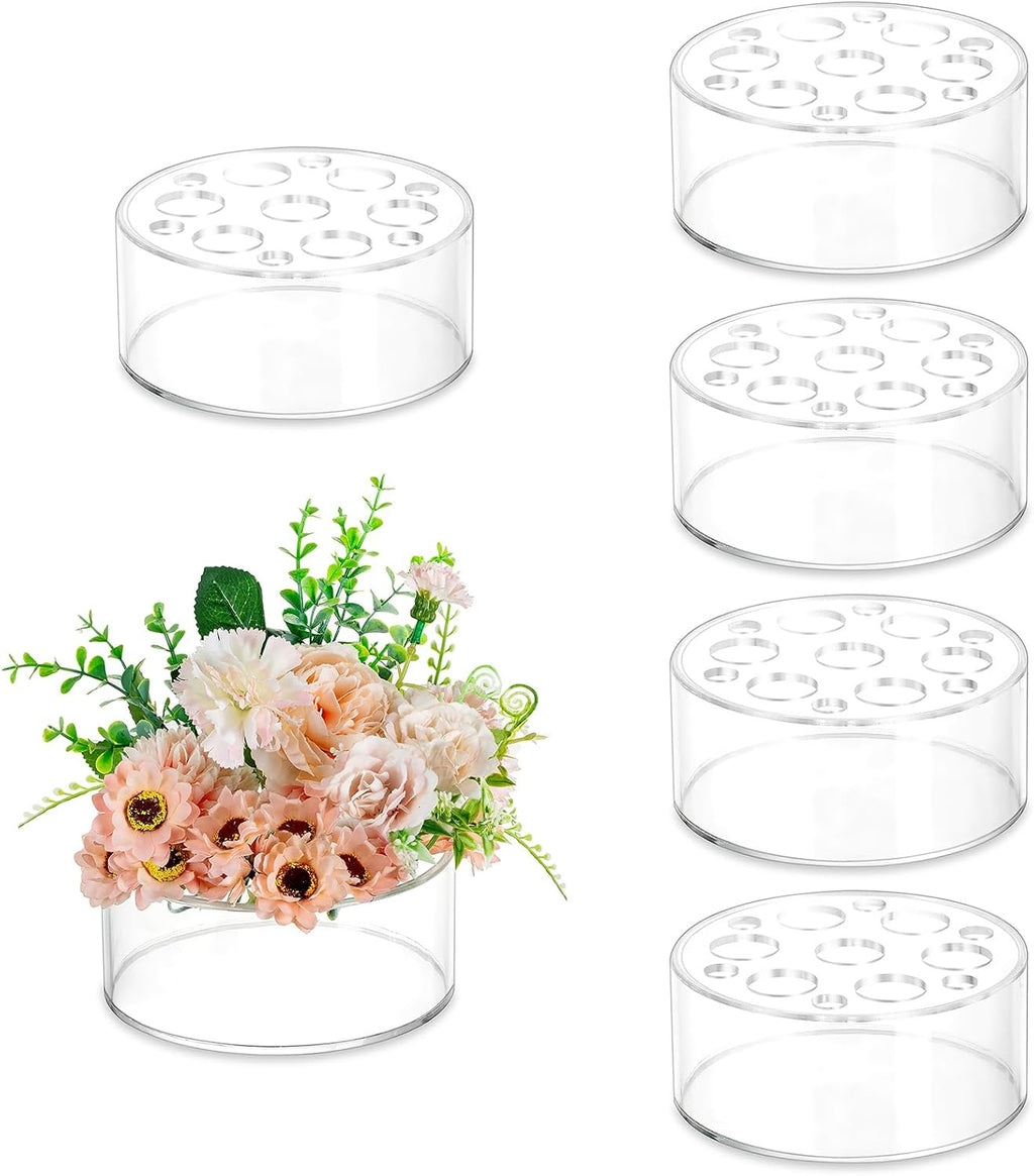 Hewory Acrylic Flower Vases for Centerpieces Round 6pcs Short Clear Floral Vase with 13 Holes, Box Arranger Bulk Low Base Holder for Wedding Birthday Party Event Dining Table Decor, 2.56"(H)×5.9"(D)