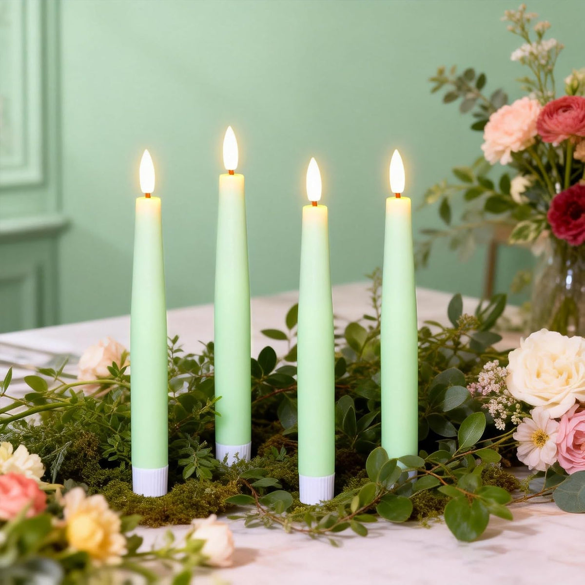Flameless Taper LED Candles Battery Operated with Remote Timer, Green
