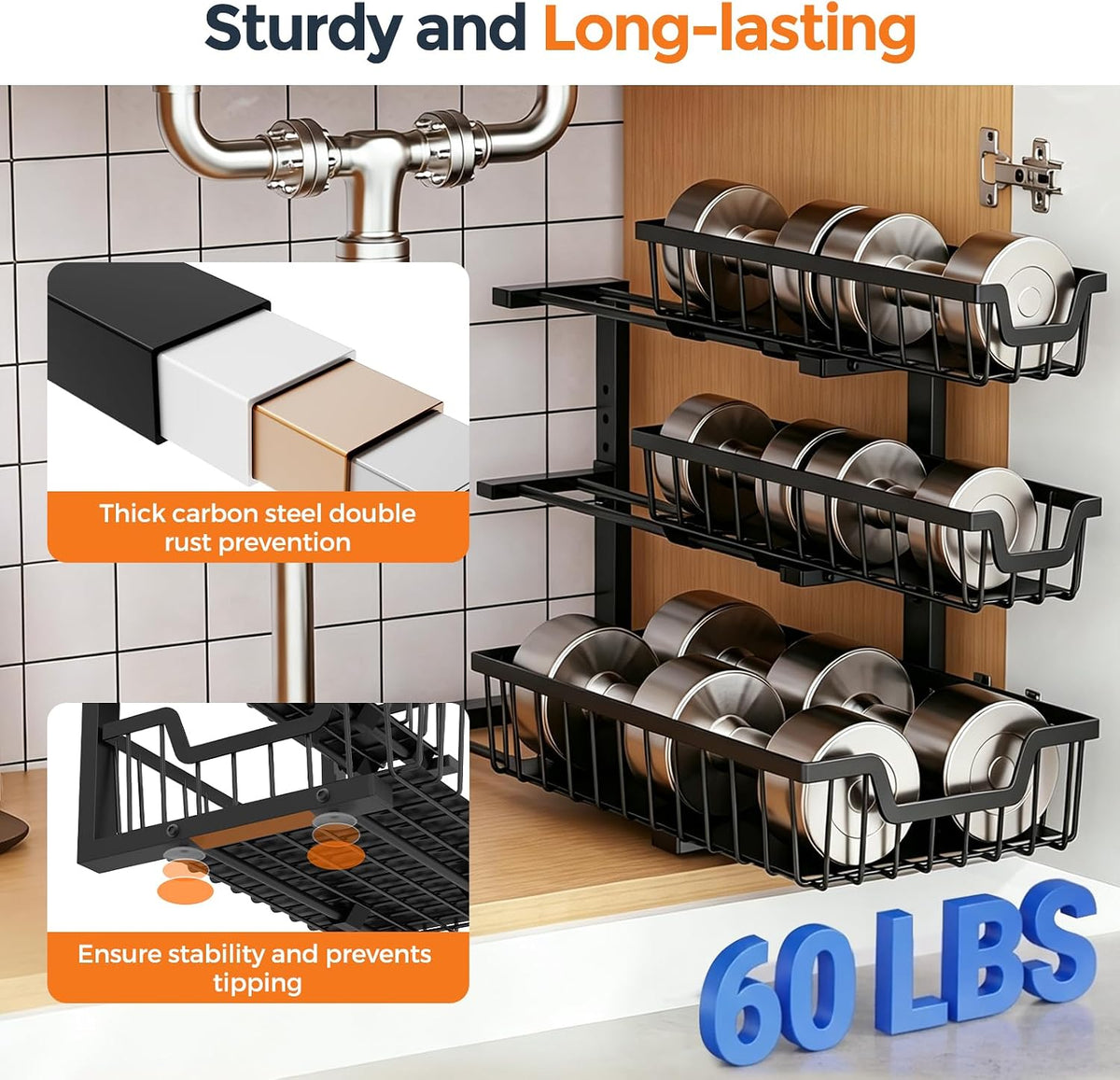 Under Sink Organizer, 2-Pack 3-Tier Height Adjustable Thickened Metal Pull out Cabinet Organizer Shelf, Slide out Storage Drawer Rack for Bathroom Kitchen Pantry Home Laundry Organization (Black)