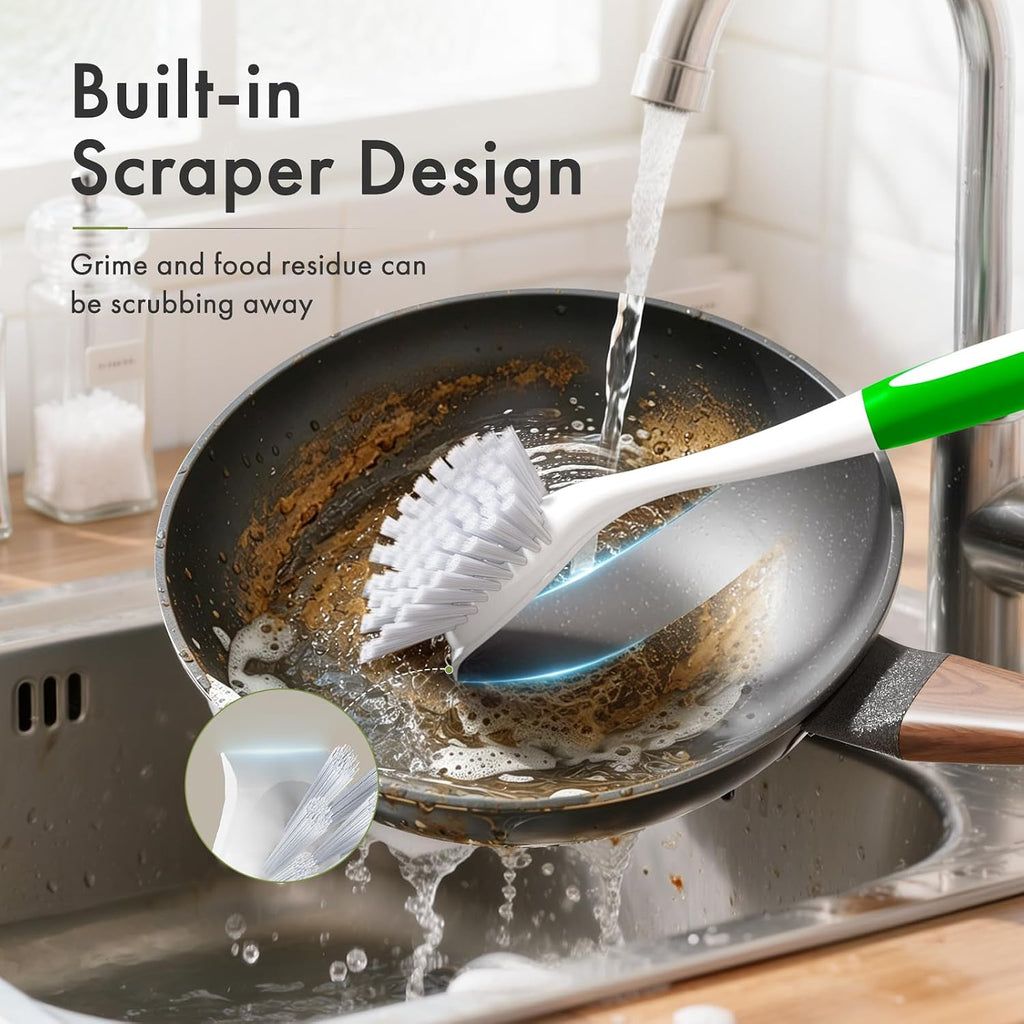 Amazer Dish Brush with Handle, 2Pcs Kitchen Scrub Brushes for Cleaning, 2Pcs Straw Cleaner Brushes for Water Bottle, Dish Scrubber with Stiff Bristles for Sink