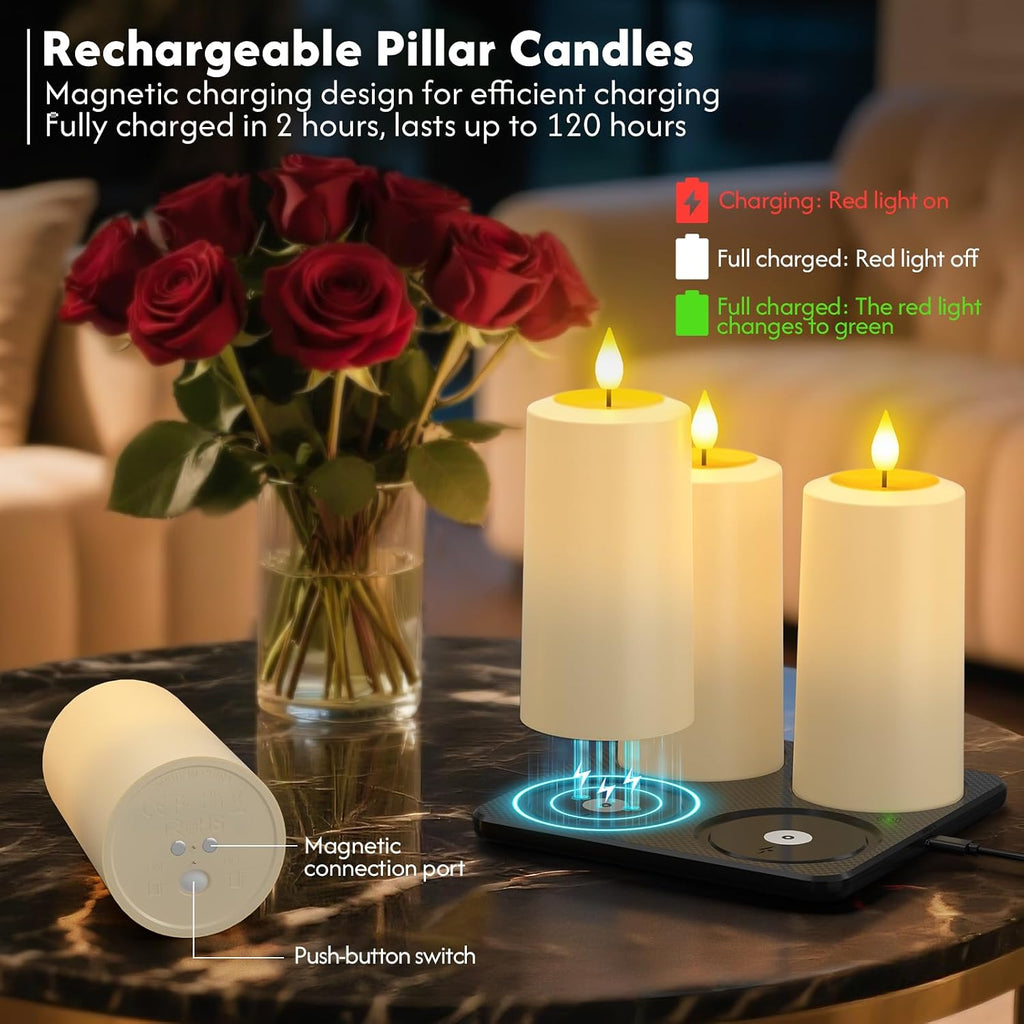 PChero Rechargeable Flameless Candles with Remote & Magnetic Charging Base