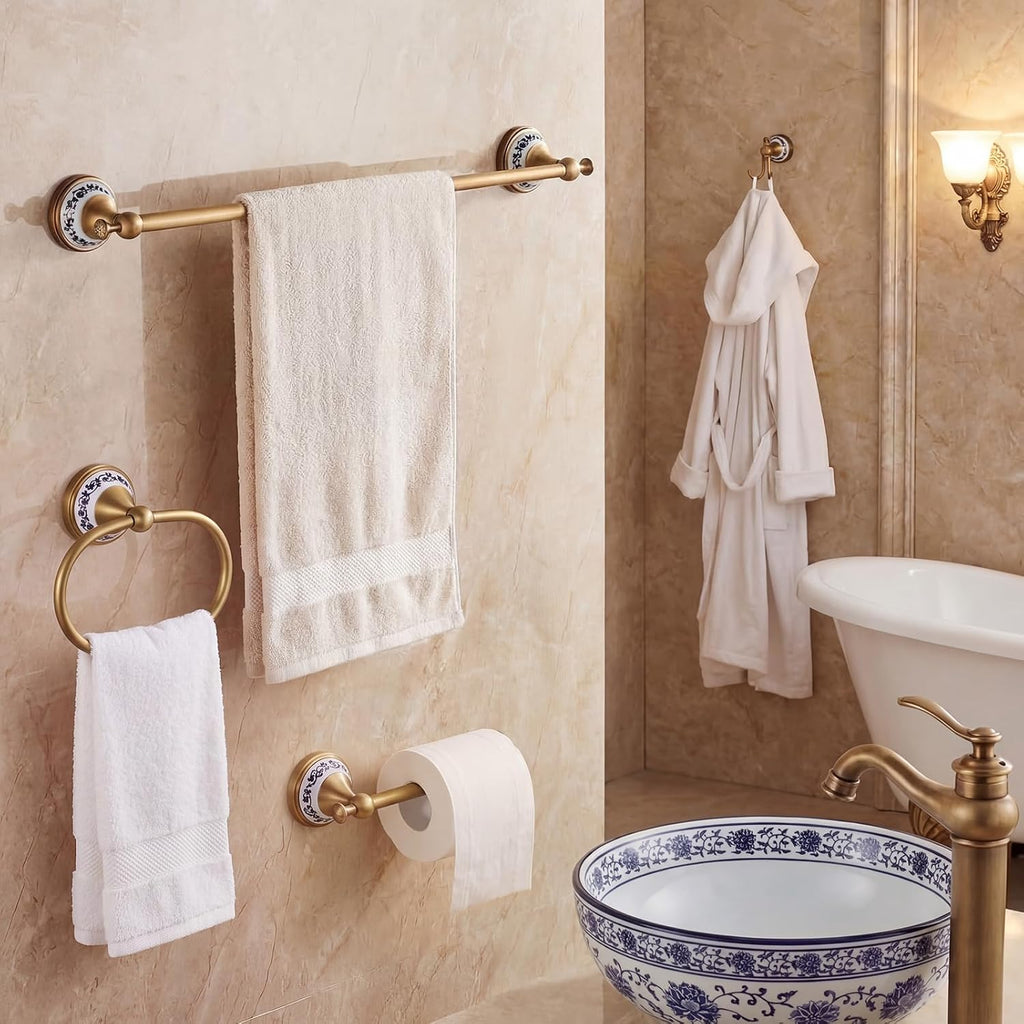 4 Pcs Antique Brass Gold & Porcelain Bathroom Accessories Set, Wall-Mounted Towel Rack & Towel Ring & Toilet Paper Holder & Robe Hook, Vintage Chinese Style Brass Bath Hardware Fixture Set