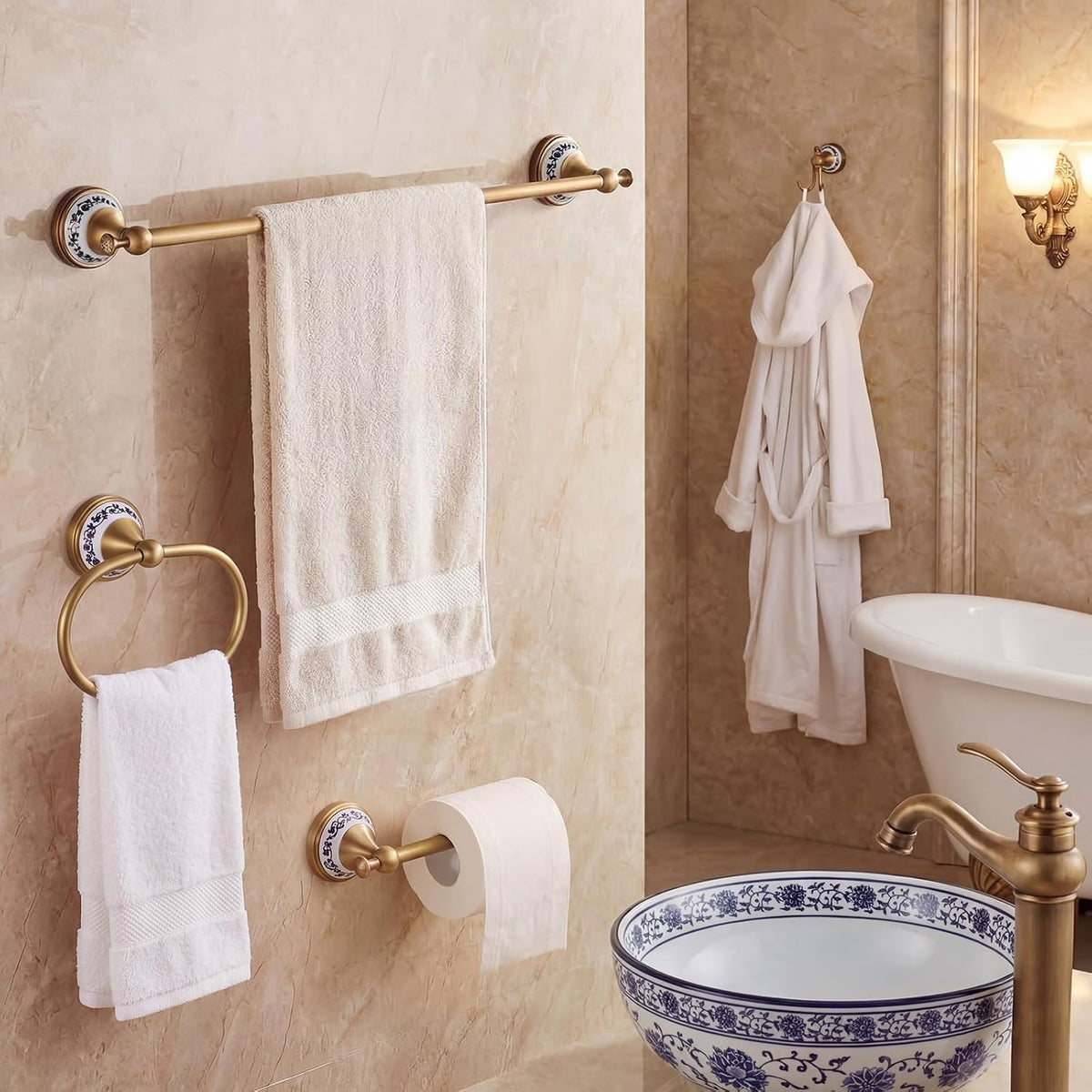 4 Pcs Antique Brass Gold & Porcelain Bathroom Accessories Set, Wall-Mounted Towel Rack & Towel Ring & Toilet Paper Holder & Robe Hook, Vintage Chinese Style Brass Bath Hardware Fixture Set