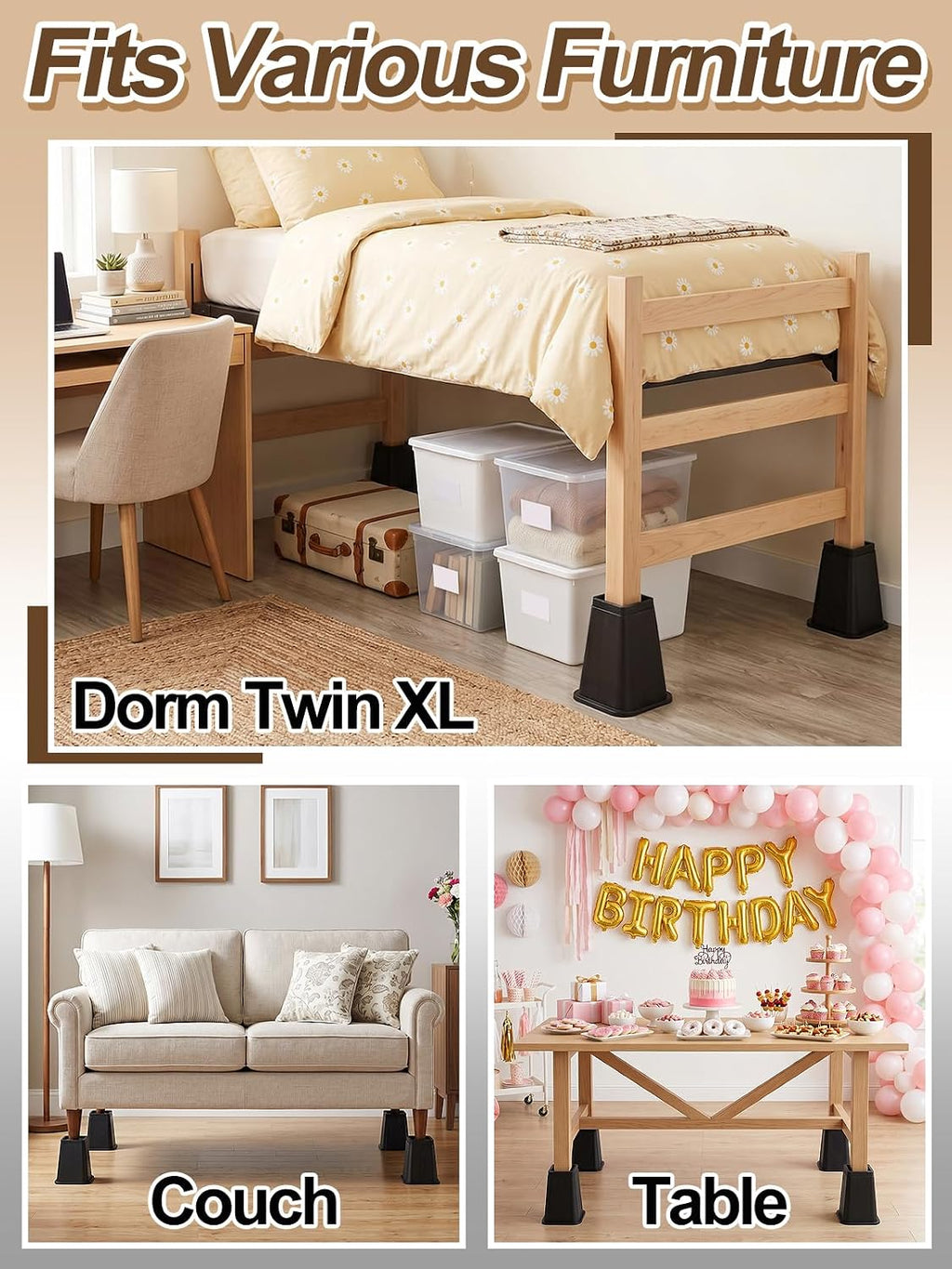Bigmeta 8" Stable Bed Risers for Dorm Twin XL - Black, 4 Pcs