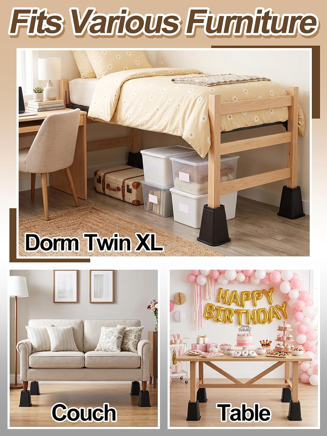 Bigmeta 8" Stable Bed Risers for Dorm Twin XL - Black, 4 Pcs
