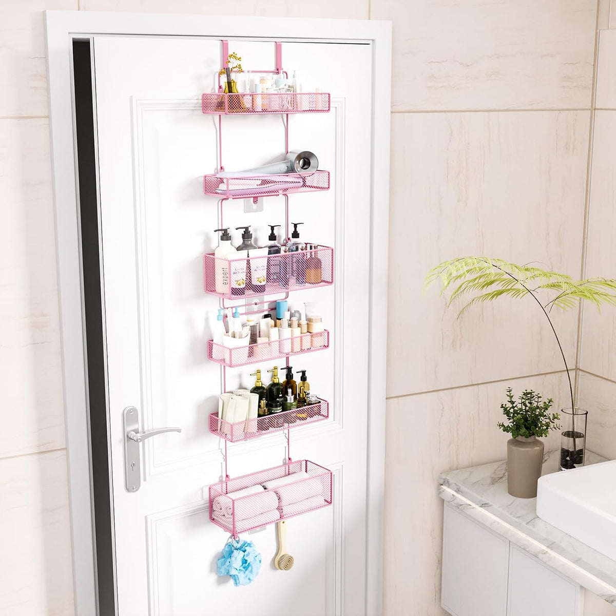 HapiRm Over Door Organizer Storage - Separable Door Organizer Hanging with 6 Metal Large Capacity Baskets for Bathroom Bedroom Kitchen Pantry Closet (Pink)