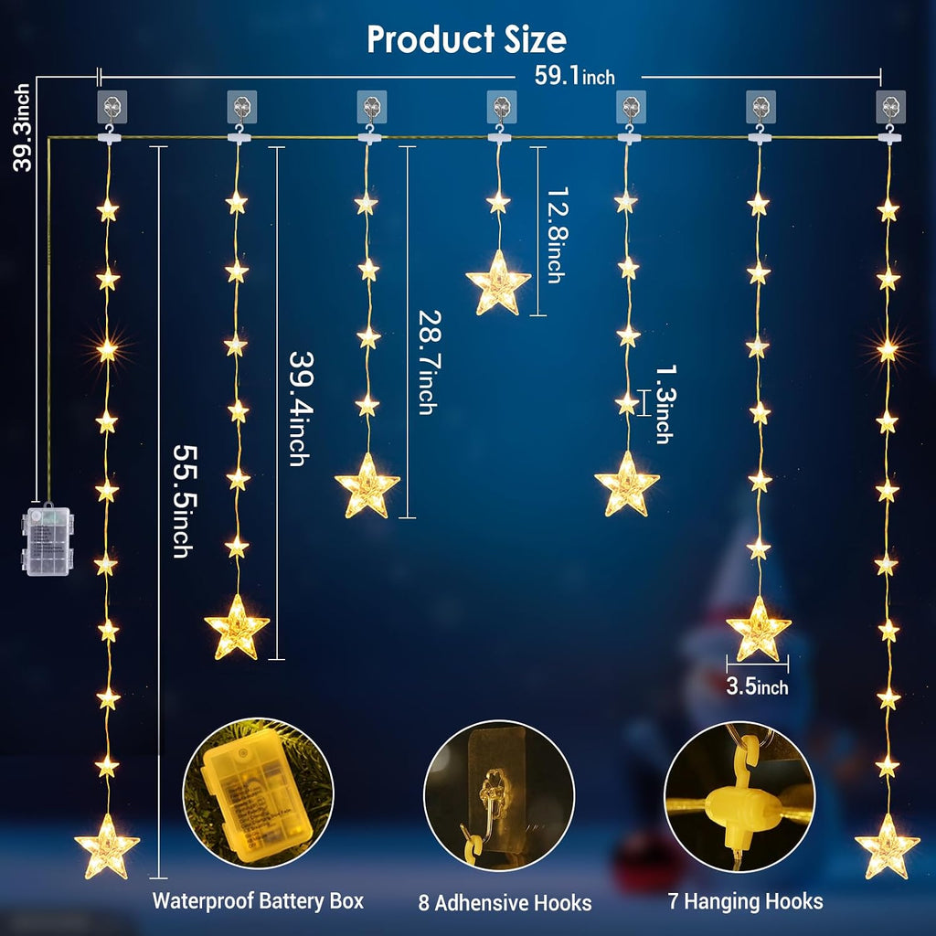 Marchpower 46 Stars Curtain Lights, Battery Operated Christmas Star Window Lights - Warm White with Timer & Memory Function & 8 Modes, IP65 Waterproof for Indoor Window Decoration