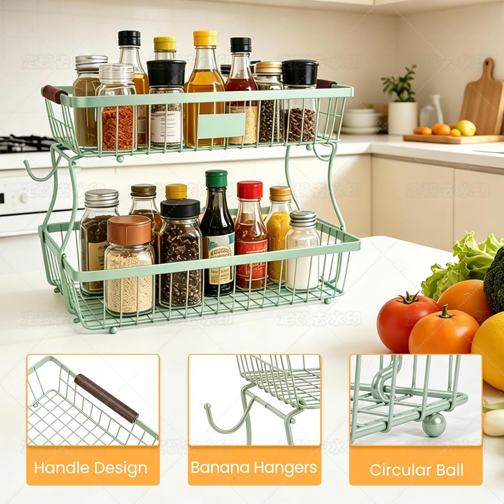 2-Tier Stackable Wire Basket with 2 Banana Hooks, Pantry Organizer for Kitchen Countertops, Cabinets & Under-Sink Spaces; Ideal for Storing Snacks, Fruits, Veggies, Onions, Potatoes, & More,Green