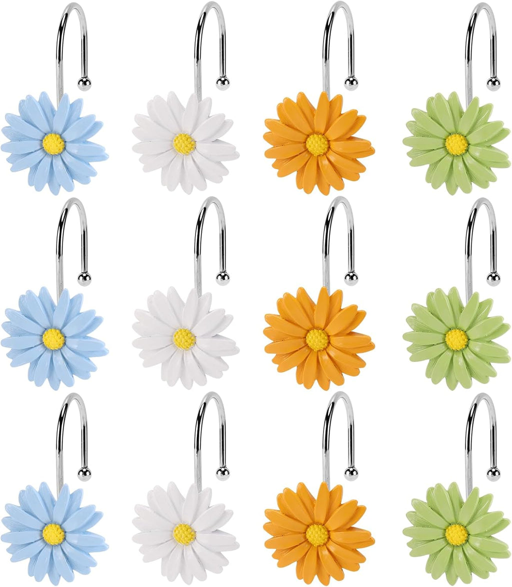 Flower Shower Curtain Hooks, 12 Pack Rustproof Stainless Steel Decorative, Bohemian Floral Bathroom Accessories for Curtain Rod and Shower Rod（Pastel Mix）
