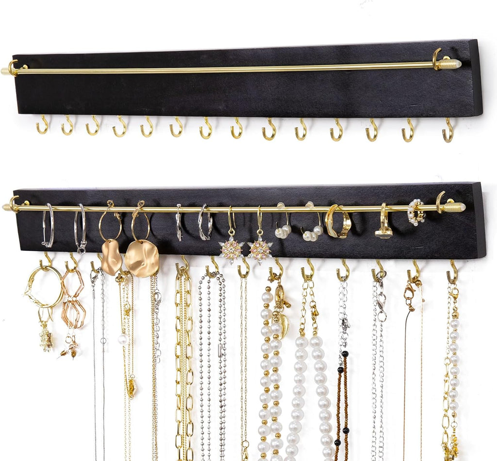 Wall Jewelry Holder Organizer, Adhesive Necklace Organizer Wall Mount, Space Saving Jewelry Rack with 14 Hooks and Holder, Wooden Display Shelf for Necklace, Earing, Ring, Bracelet(Black)