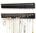 Wall Jewelry Holder Organizer, Adhesive Necklace Organizer Wall Mount, Space Saving Jewelry Rack with 14 Hooks and Holder, Wooden Display Shelf for Necklace, Earing, Ring, Bracelet(Black)