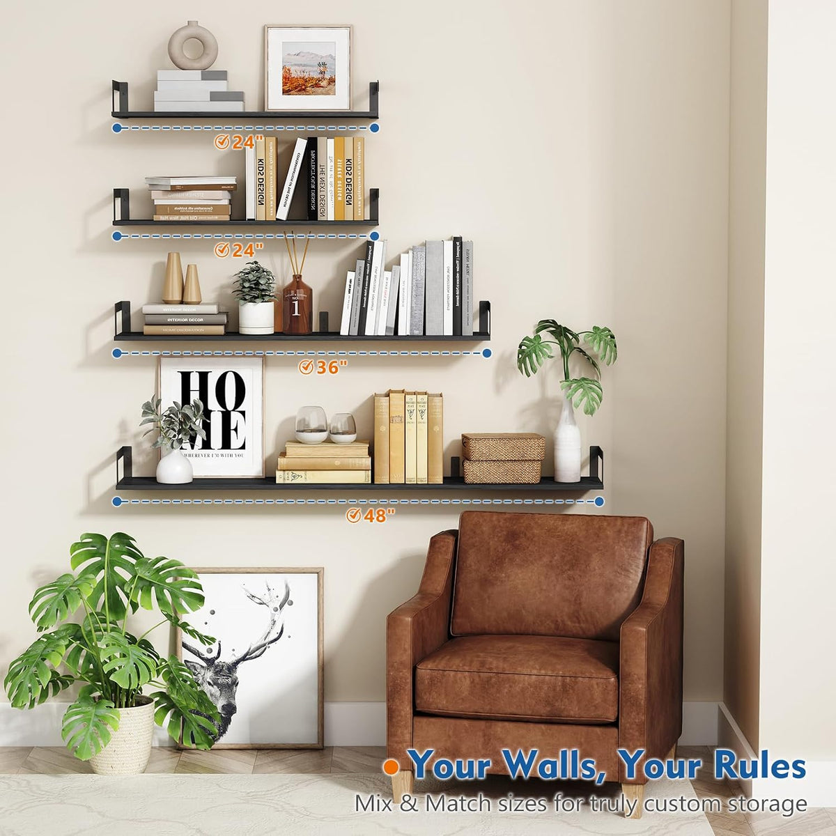 Black Wall Shelves for Bedroom 24 Inch Long, 8 In Deep Floating Shelves