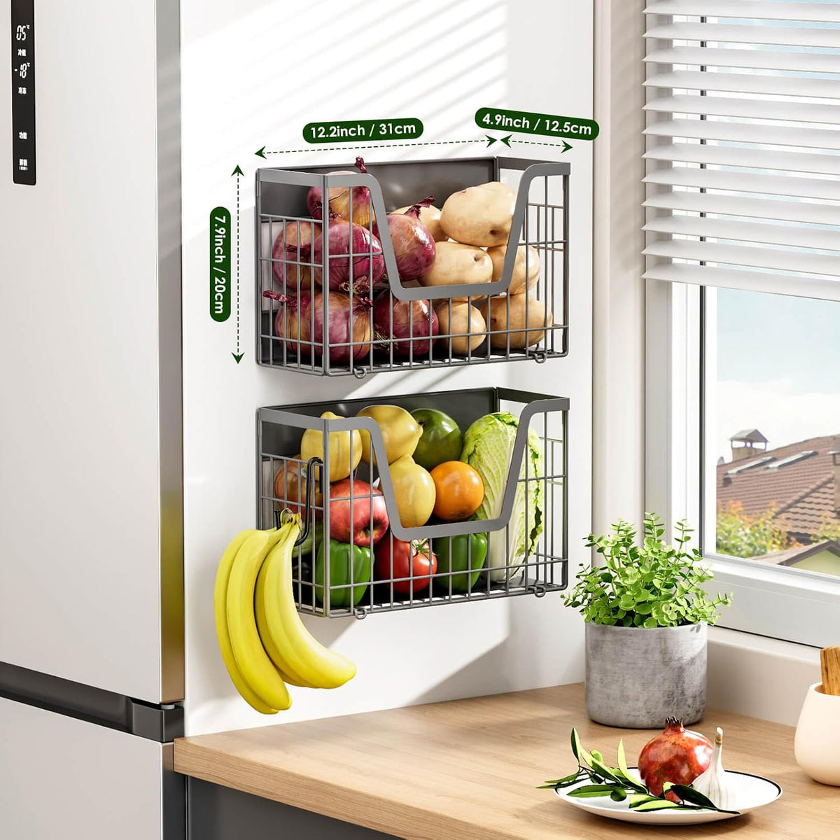 4 Pack Magnetic Shelves for Fridge, Grey Fruit Baskets with 8 Hooks