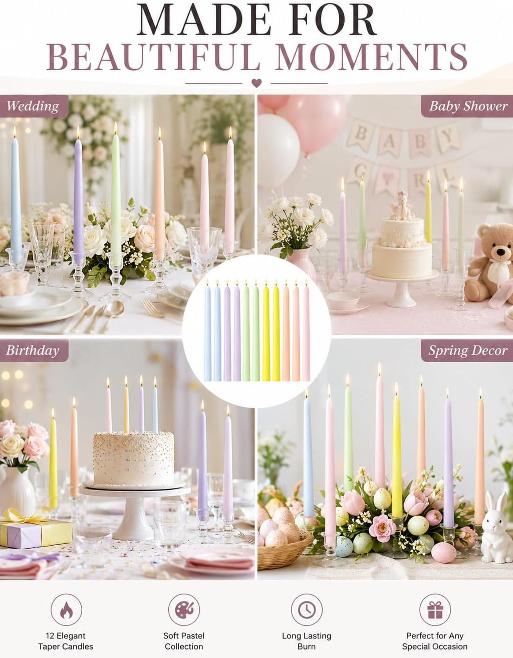 Pastel Unscented Taper Candles for Spring Easter Home Table Decor