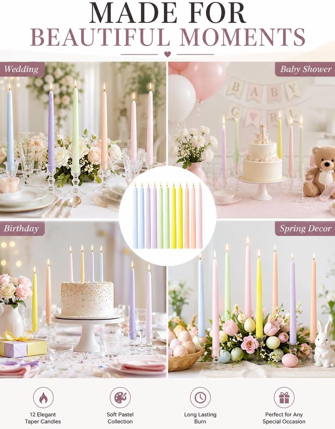 Pastel Unscented Taper Candles for Spring Easter Home Table Decor