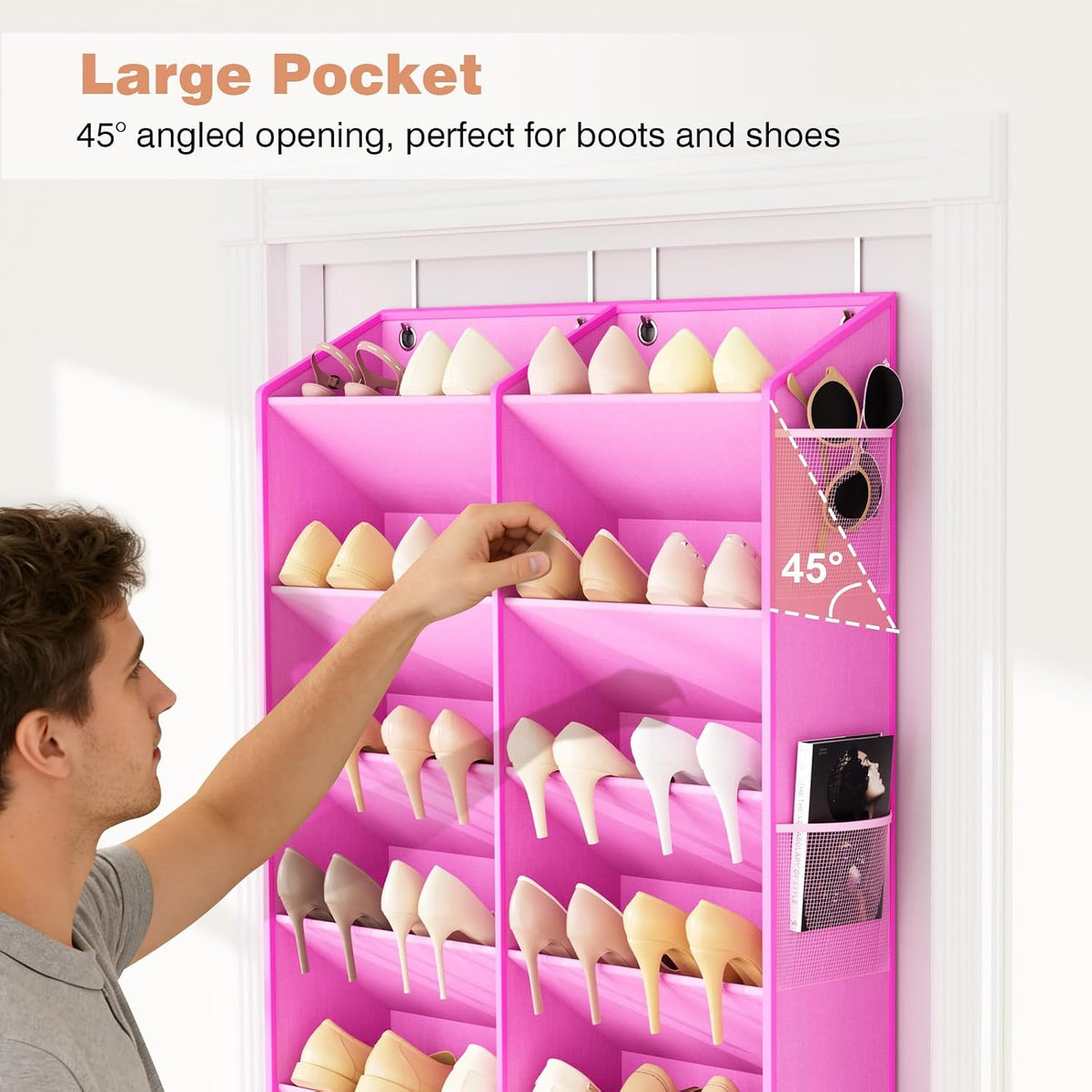 LANTEFUL Over the Door Shoe Organizer, Hanging Shoe Rack for Closet Door Shoe Storage for 30 Pairs Sneaker and Boots, Large Shoe Holder for Door with 10 Side Pockets, Space Saving, Pink