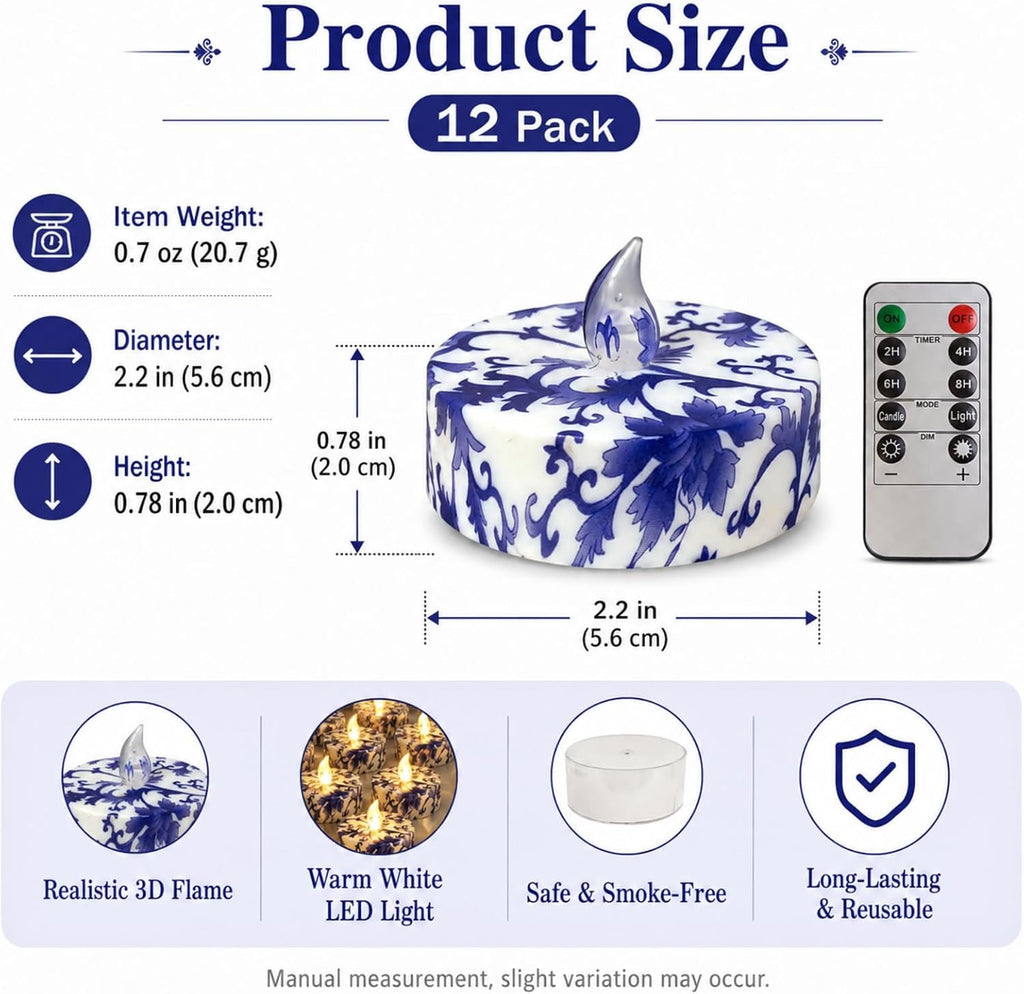 Flameless Tea Lights with Remote & Timer, 12 Pack Blue and White Floral LED Tealight Candles, Battery Operated Dimmable Flickering Lights for Wedding Home Decor