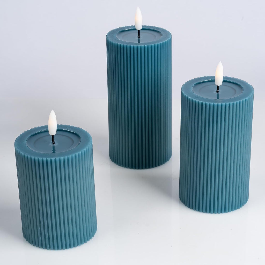 Fluted Ribbed LED Pillar Candles, Blue, with Realistic Reflective Melted-Wax Effect – Flickering Flame, Remote, Dimmable, Flameless, Battery Operated, Home & Wedding Decor (Set of 3)