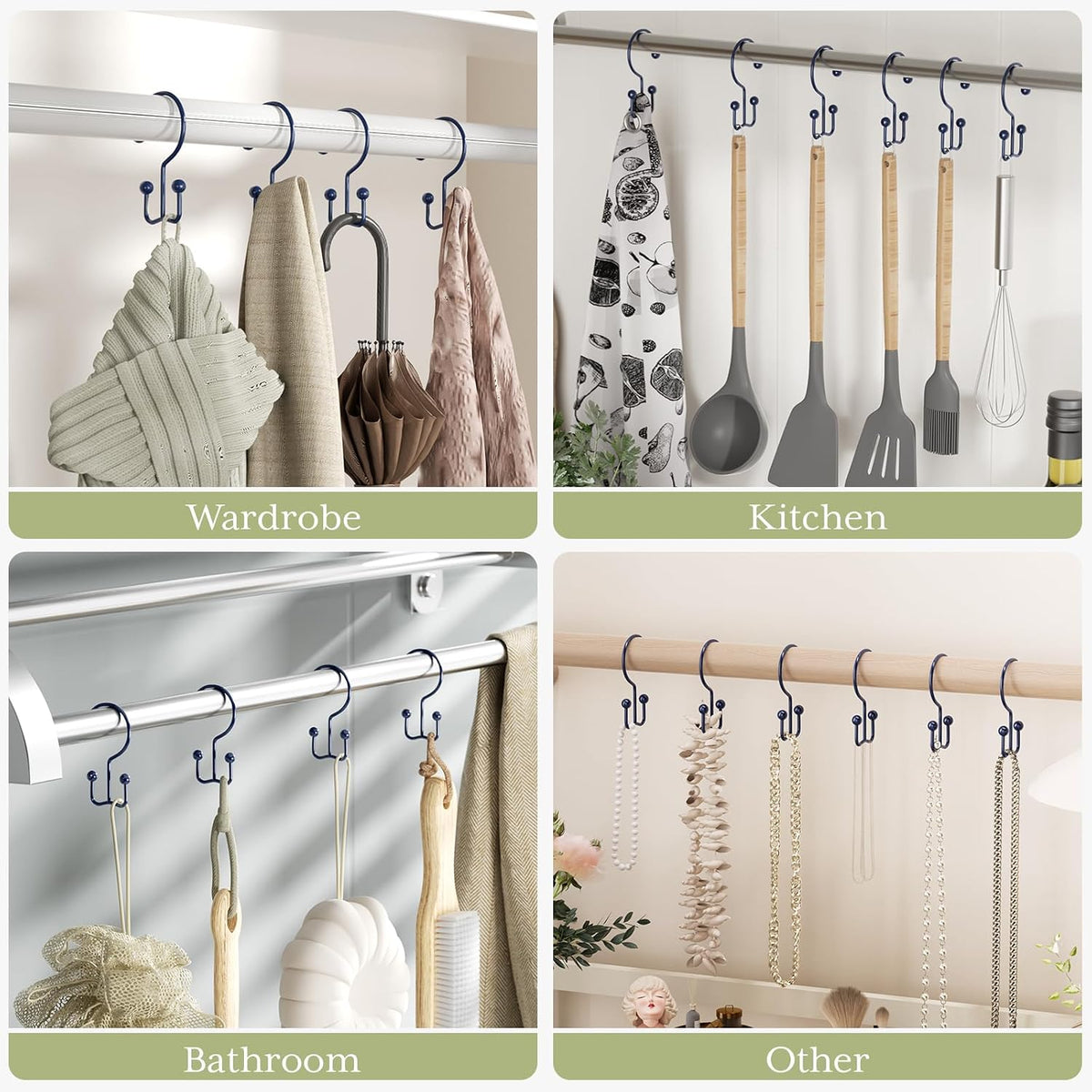 Amazer Shower Curtain Hooks Navy Blue Double Shower Curtain Hooks, Shower Curtain Rings Sturdy Stainless Steel Shower Hooks for Bathroom Shower Rod, 12Pcs Shower Curtain Hangers