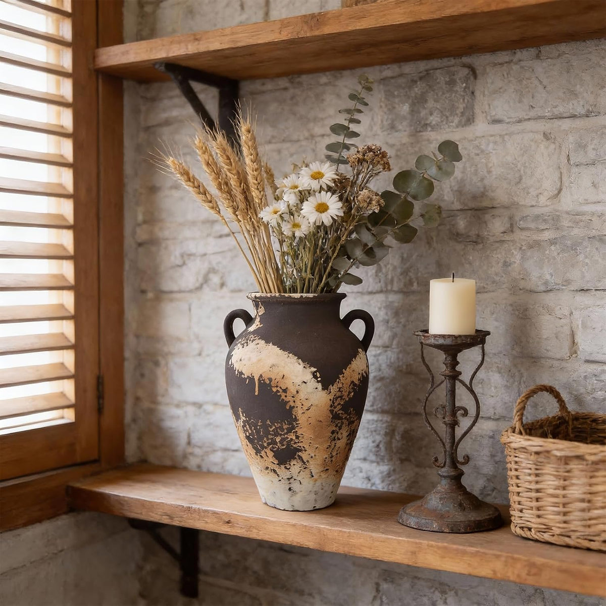 Brown Ceramic Clay Vase with Handles, Vintage Flower Vase for Home Decor