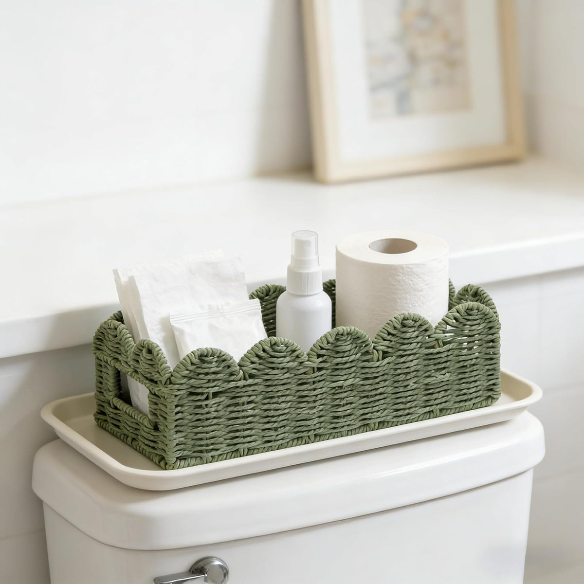 Sage Green Scalloped Basket, Toilet Tank Tray, Back of Toilet
