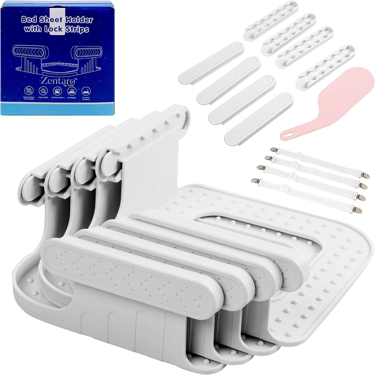 Bed Sheet Holders for Corners 4-Pack Lock Fitted Sheet Holder Set with Sheet Straps & Easy Tucker Tool, Universal Bed Sheet Clips for All Mattress Sizes, Non-Slip ABS, White