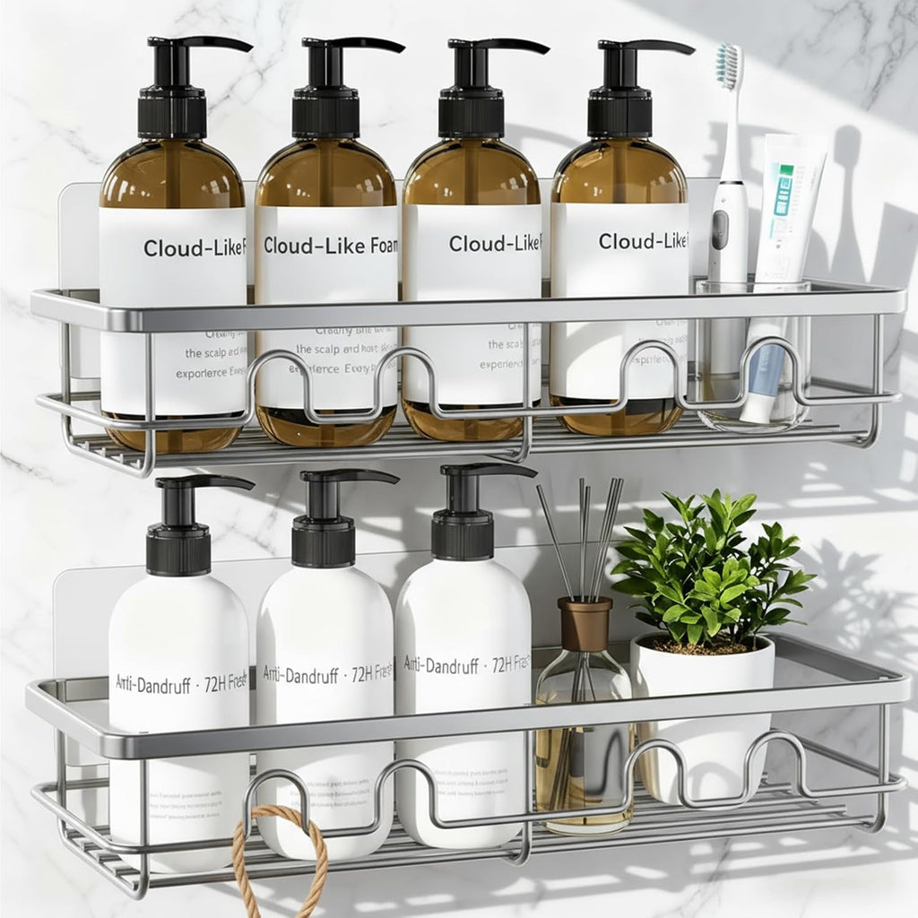 Adhesive Shower Caddy, Large Capacity Shower Racks for Inside Shower, No Drill Bathroom Shower Organizer and Storage, 2 Pack Silver Bathroom Shelves, Home Decor Rv Accessories, Apartment