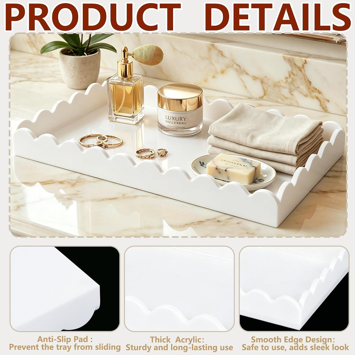 White Scalloped Acrylic Tray 5mm Thicken for Vanity Makeup,Perfume,Soap Dispenser,Napkin,12x6 Decorative Serving Tray for Bathroom,Toilet Tank, Sink Countertop,Coffee Table, Bedroom