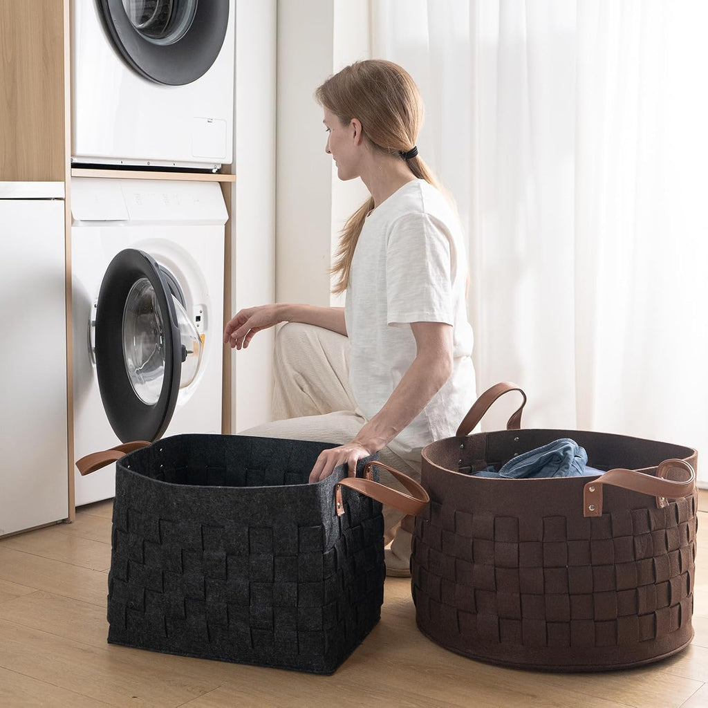 boldmonkey Laundry Basket 15 " x13 x11 2 Pack, Large Rectangular Felt Fabric Blanket Basket with Leather Handle, Dirt Clothes Laundry Hamper for Babies, Dogs and Living Room-Brown