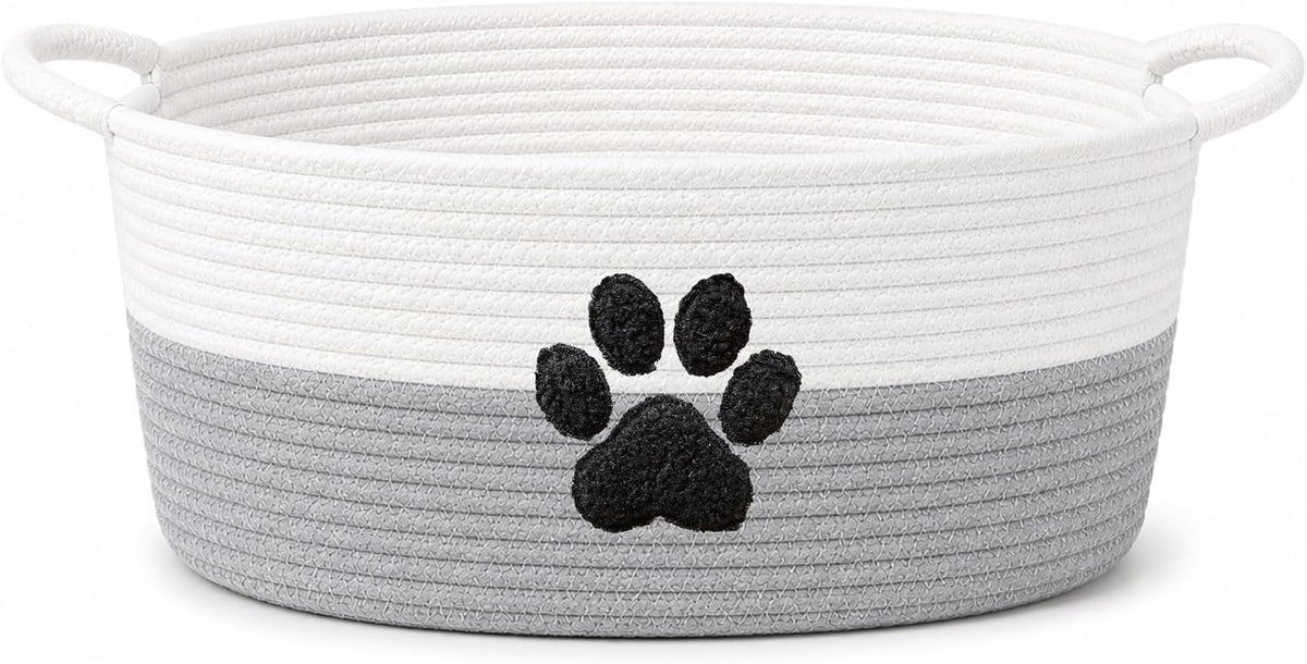 Dog Toy Basket with Handles, Grey Cotton Rope Storage Bin Organizer