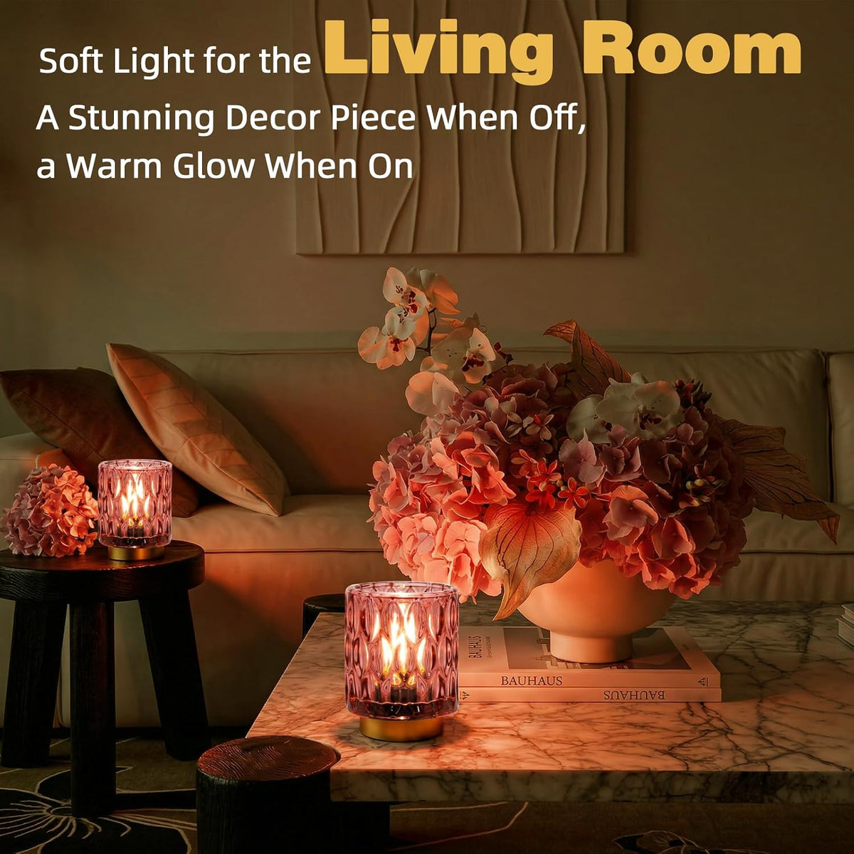 Battery Operated Table Lamp Timer, Small Cordless Lamps Decorative, 2 Pink
