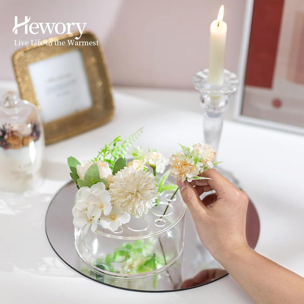 Acrylic Flower Vases for Centerpieces Round – Hewory 2pcs Short Clear Floral Vase with 13 Holes, Box Arranger Bulk Low Base Holder for Wedding Birthday Party Event Dining Table Decor, 2.56"(H)×5.9"(D)