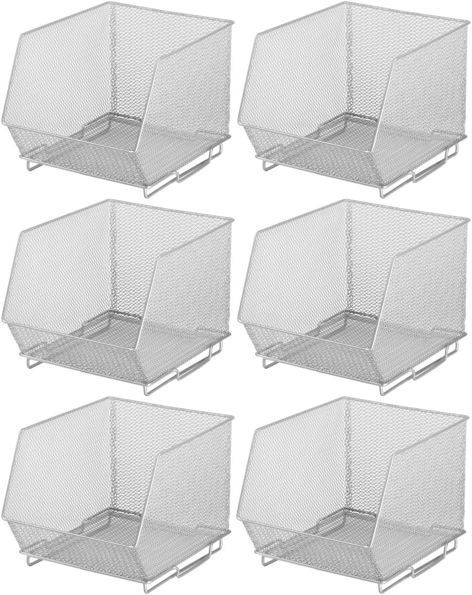 YBM HOME Mesh Stacking Bin Storage Containers for Kitchen Pantry, Cabinet and Shelves, Metal Wire Basket Rack for Fruits and Veggies, Crafts, Toys & Cleaning Items - 6-Pack, Medium 10x8.5x8 Silver
