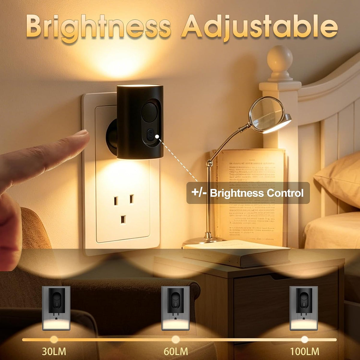 Plug in LED Night Light, Motion Sensor, Warm White Dimmable, Black 2 Pack