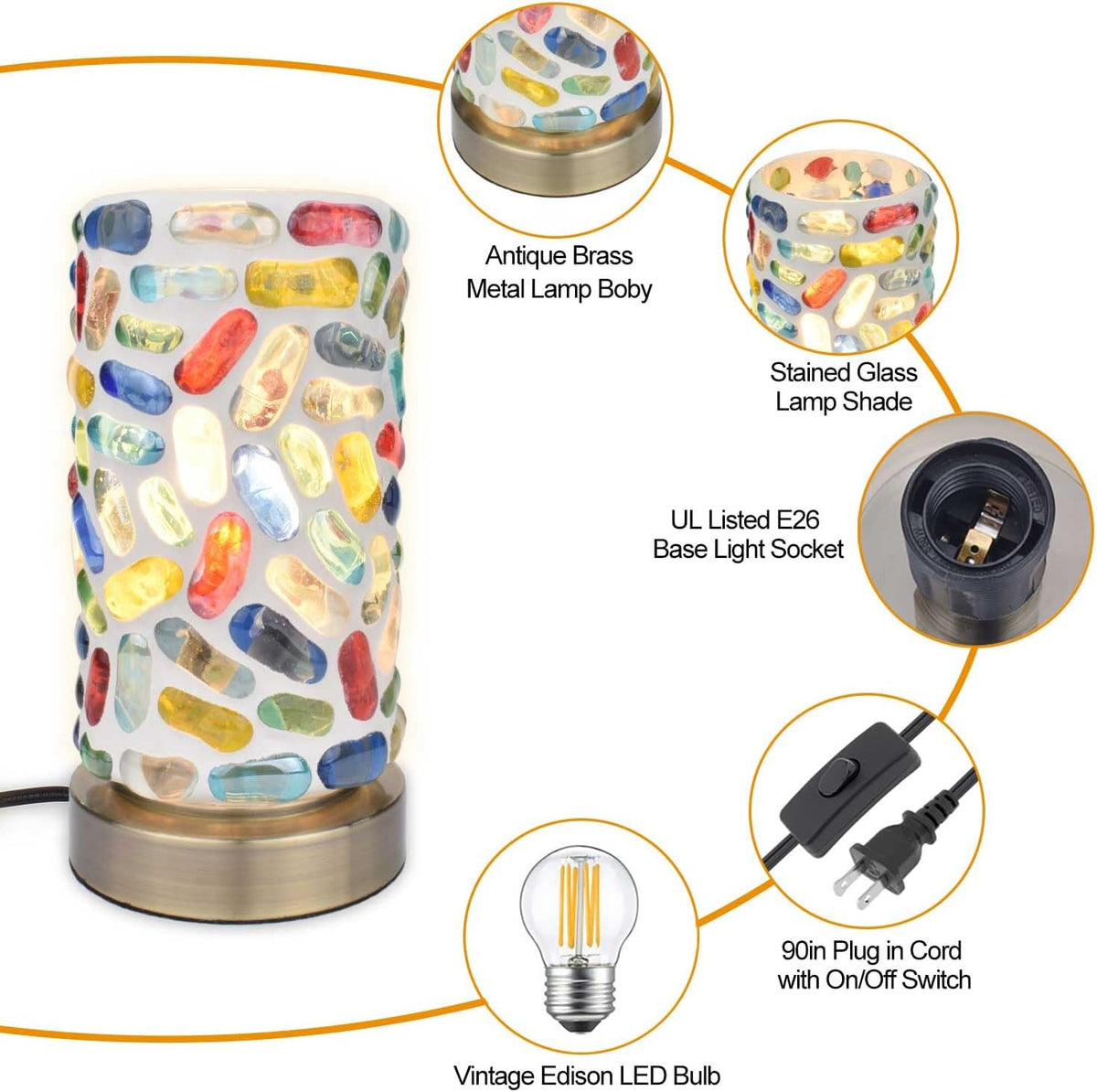 Handmade Turkish Mosaic Table Lamp, Cylinder Stained Pebbles Glass Pieces Nightlight with Antique Brass Base, Colorful Boho Accent Lamp for Bedroom, Living Room, Meditation Decor, LED Bulb Included