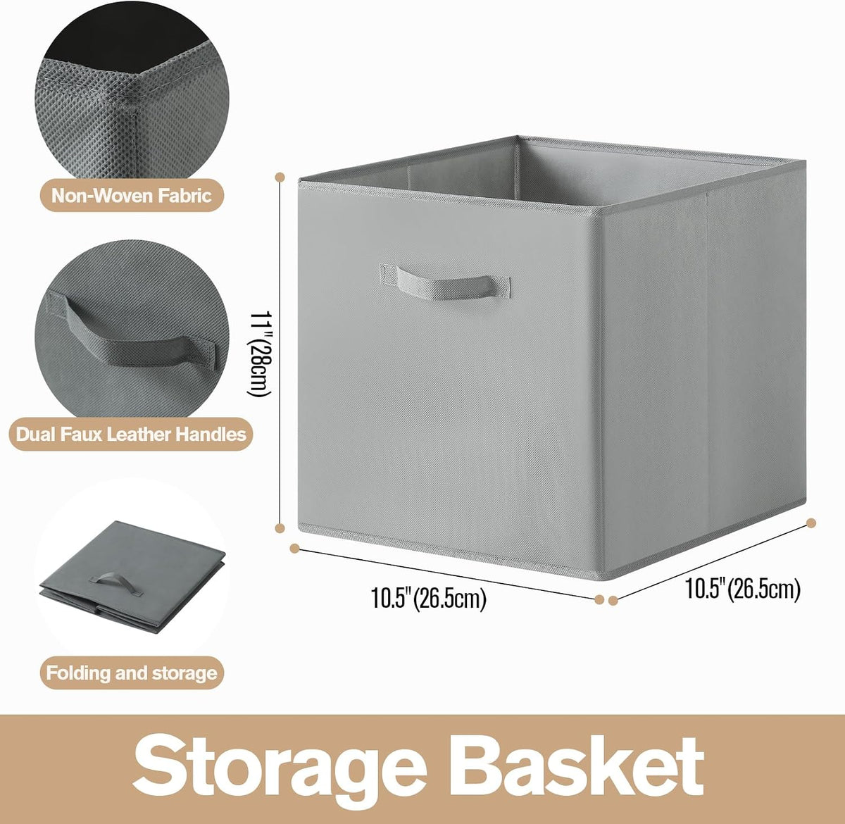 Foldable Storage Bins with Handles, 10.5x10.5x11 Inch Collapsible Non-Woven Fabric Storage Cubes, 3 Pack for Closet Shelves Nursery Home Office