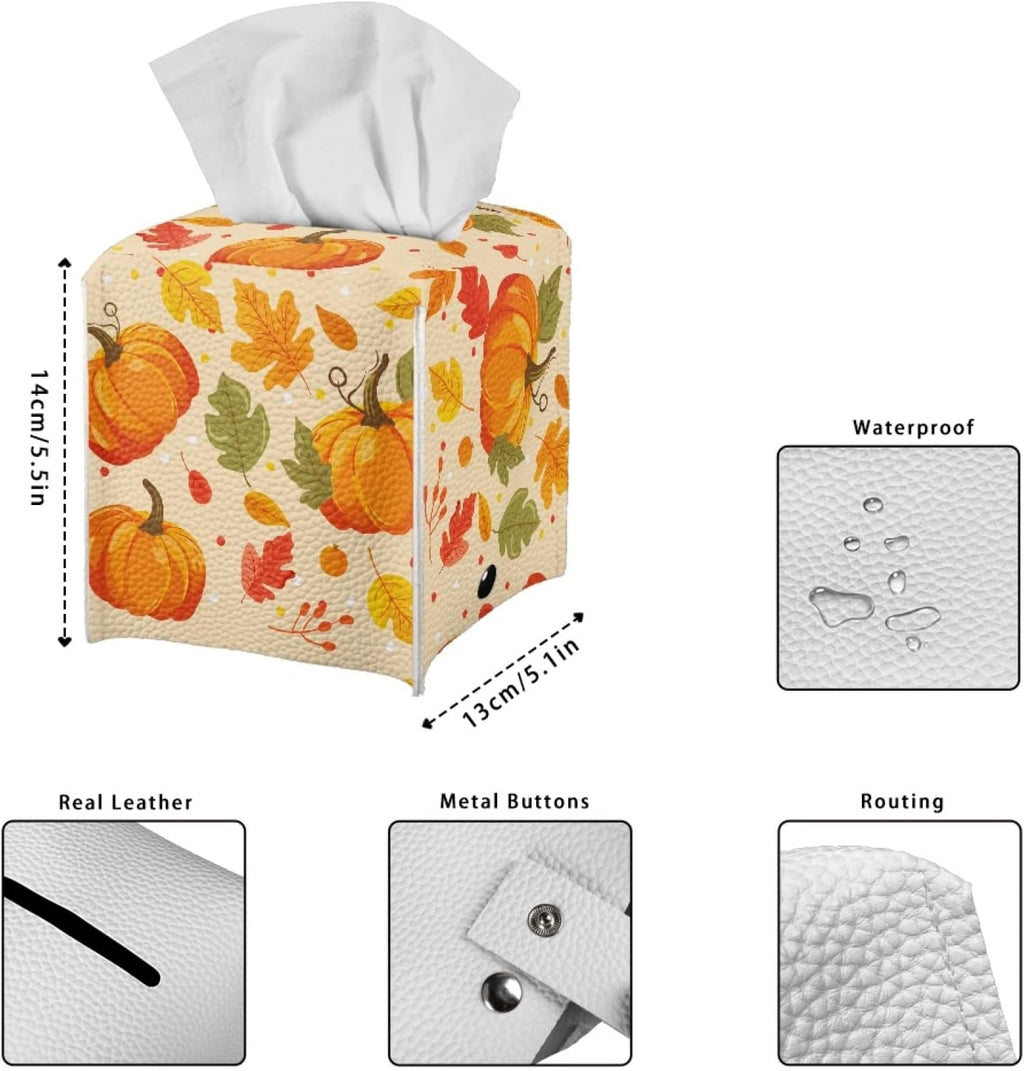 Pumpkin Maple Leaf Tissue Box Holder Square Tissue Holder Organizer Modern Napkin Cover for Bedroom Dresser Night Stand Office Desk PU Leather Decorative Organizer Thanksgiving Home Decor