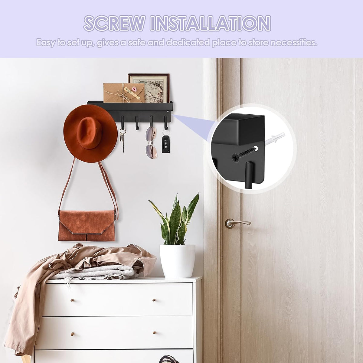 VIS'V Key Holder Wall Mount, Adhesive Key Rack with Tray, 6 Hooks, Black