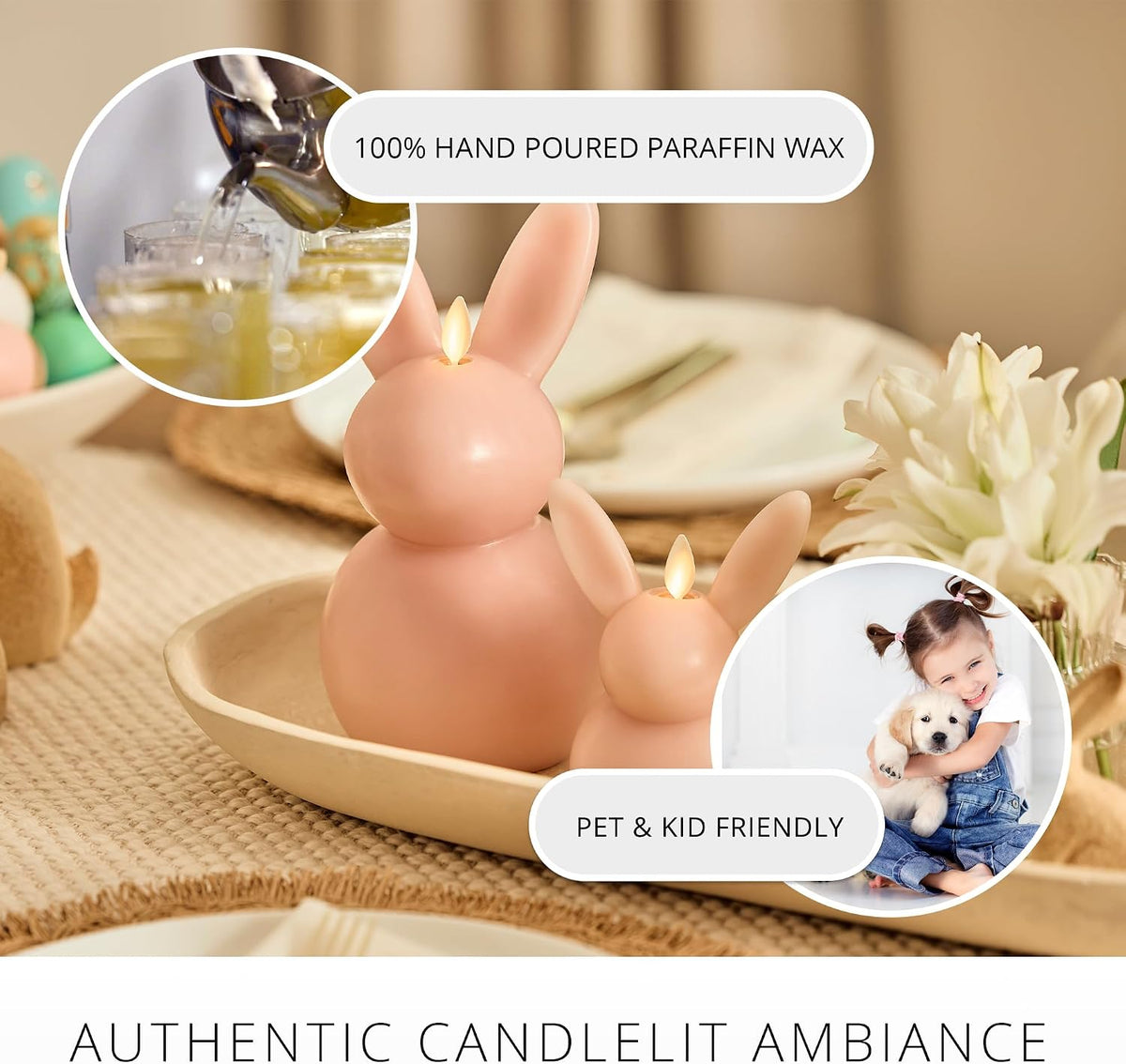 Luminara Easter Bunny Candle- Dusky Rose 4.5" x 4.5" x 8.5"- Flameless Real-Flame Holiday-Inspired Decor- AA Batteries- Flickering LED Flame