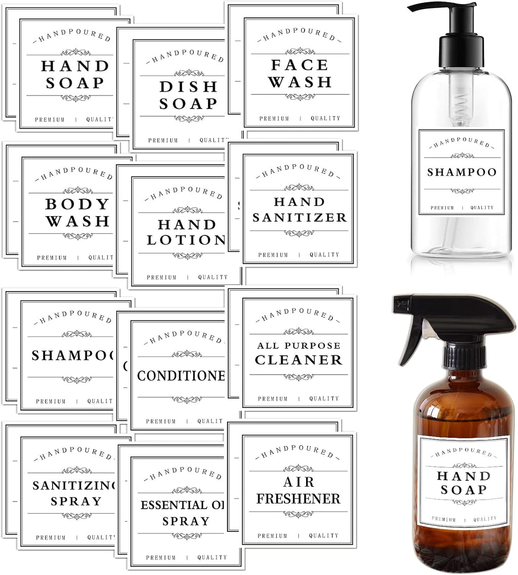 TESWEY Bathroom Bottle Labels, Retro Style Container Labels for Glass or Plastic Bottles, Waterproof Labels for Hand Soap Shampoo Lotion Dispenser