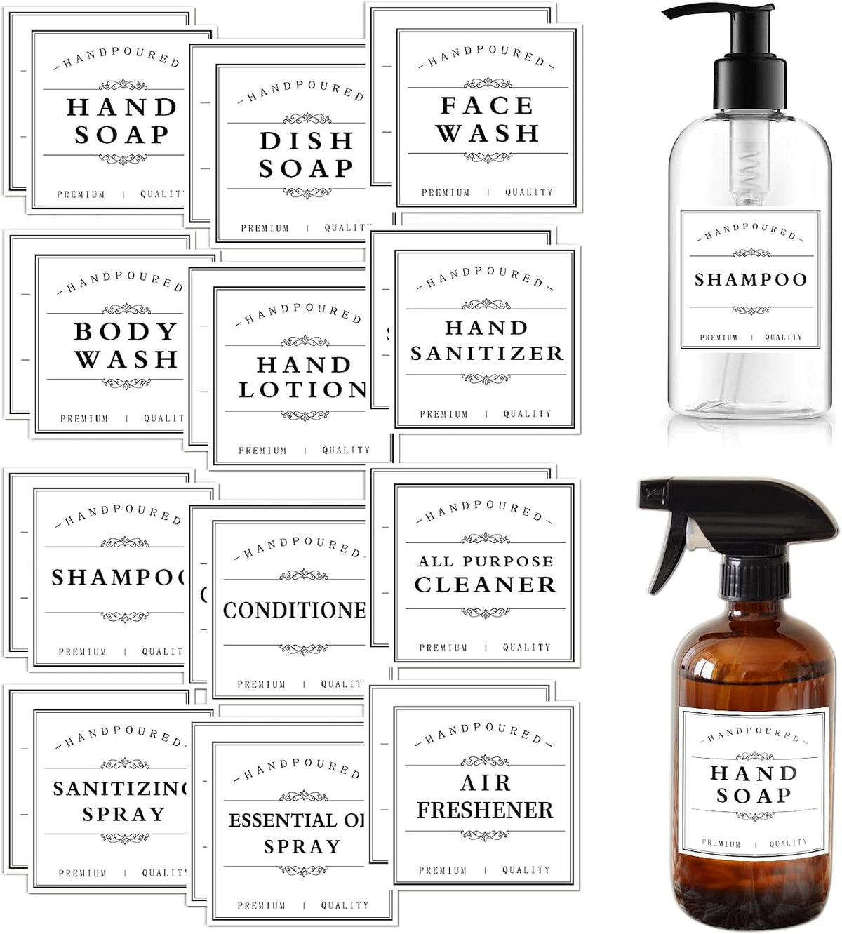 TESWEY Bathroom Bottle Labels, Retro Style Container Labels for Glass or Plastic Bottles, Waterproof Labels for Hand Soap Shampoo Lotion Dispenser