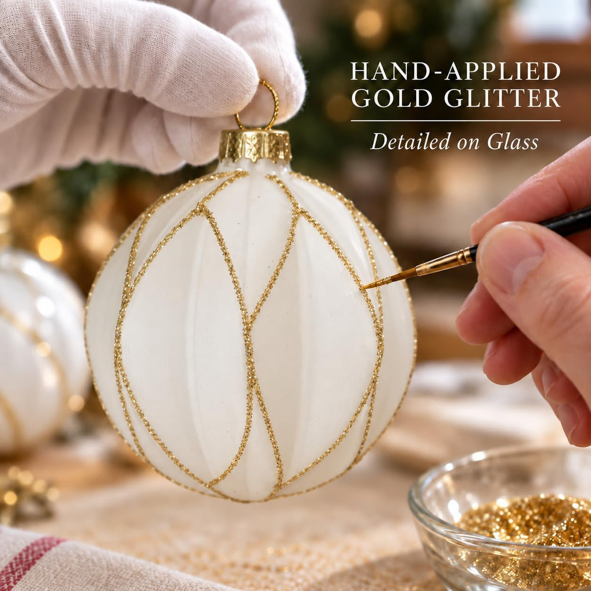 WDS WONDROUS Christmas Ornaments White and Gold Line, Glass Christmas Ball