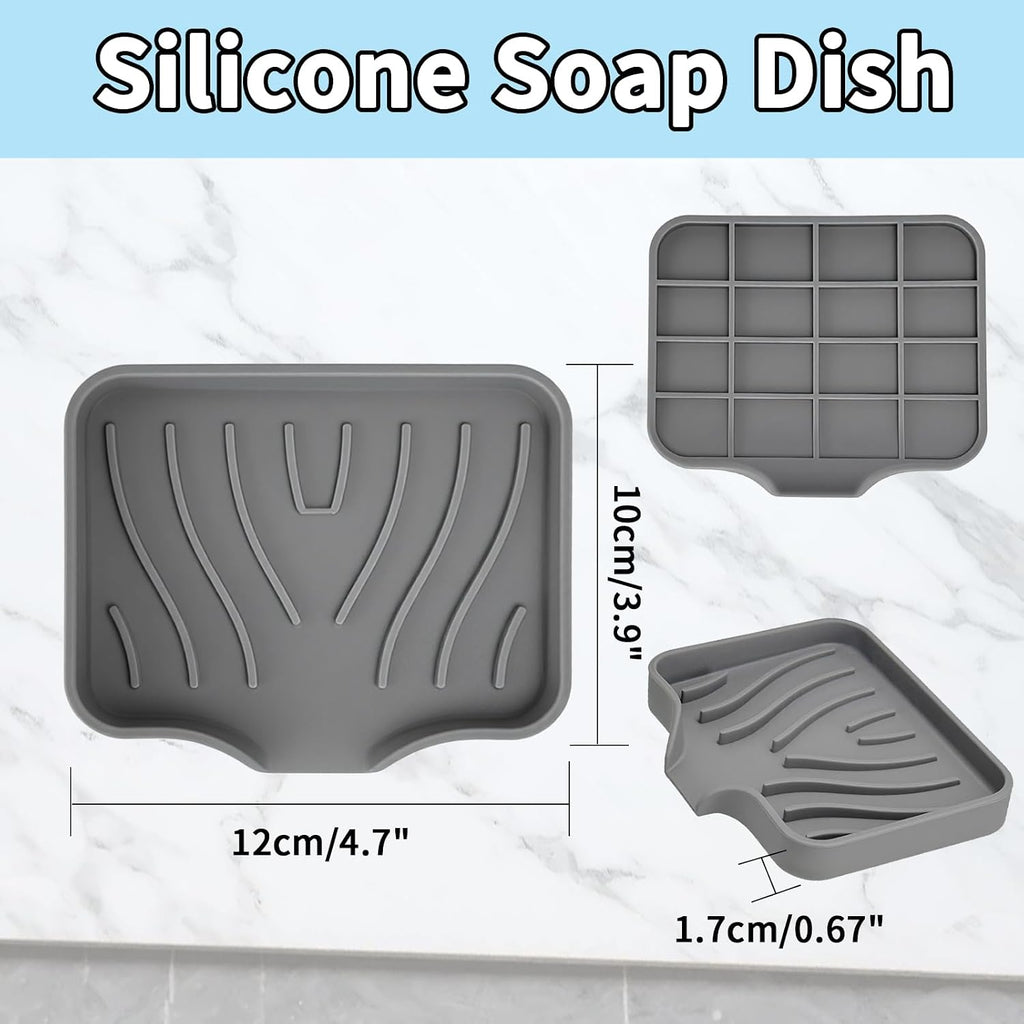 2 Pack Silicone Soap Dish with Drain, Self Draining Bar Soap Holder for Shower, Silicone Dish Soap Tray, Bathroom and Kitchen Sink Organizer, Grey