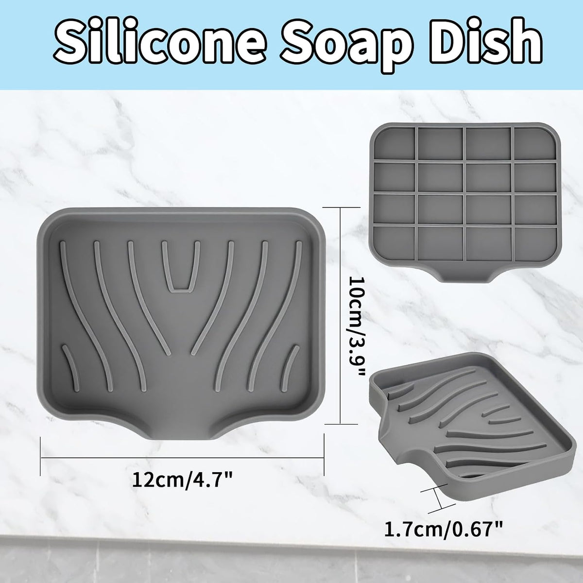 2 Pack Silicone Soap Dish with Drain, Self Draining Bar Soap Holder for Shower, Silicone Dish Soap Tray, Bathroom and Kitchen Sink Organizer, Grey