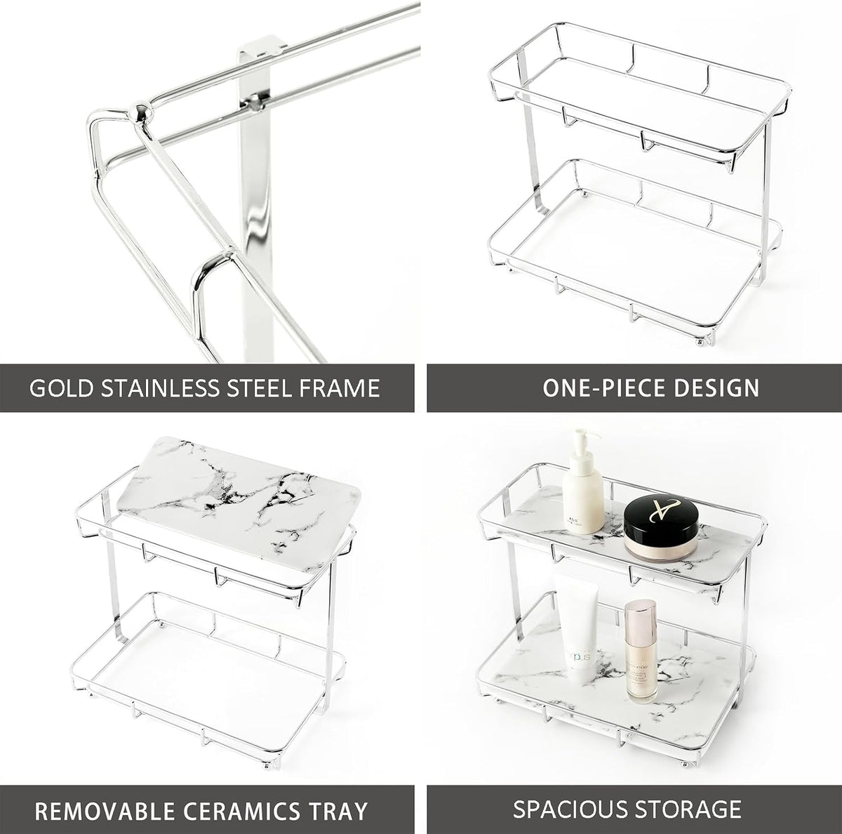 Bathroom Organizer Countertop Perfume Organizer Makeup Organizer Cosmetics Storage Display Rack Vanity Tray Dresser Stainless Steel Gold Shelf White Marble Ceramic Tray (2 Tier L-Sliver)