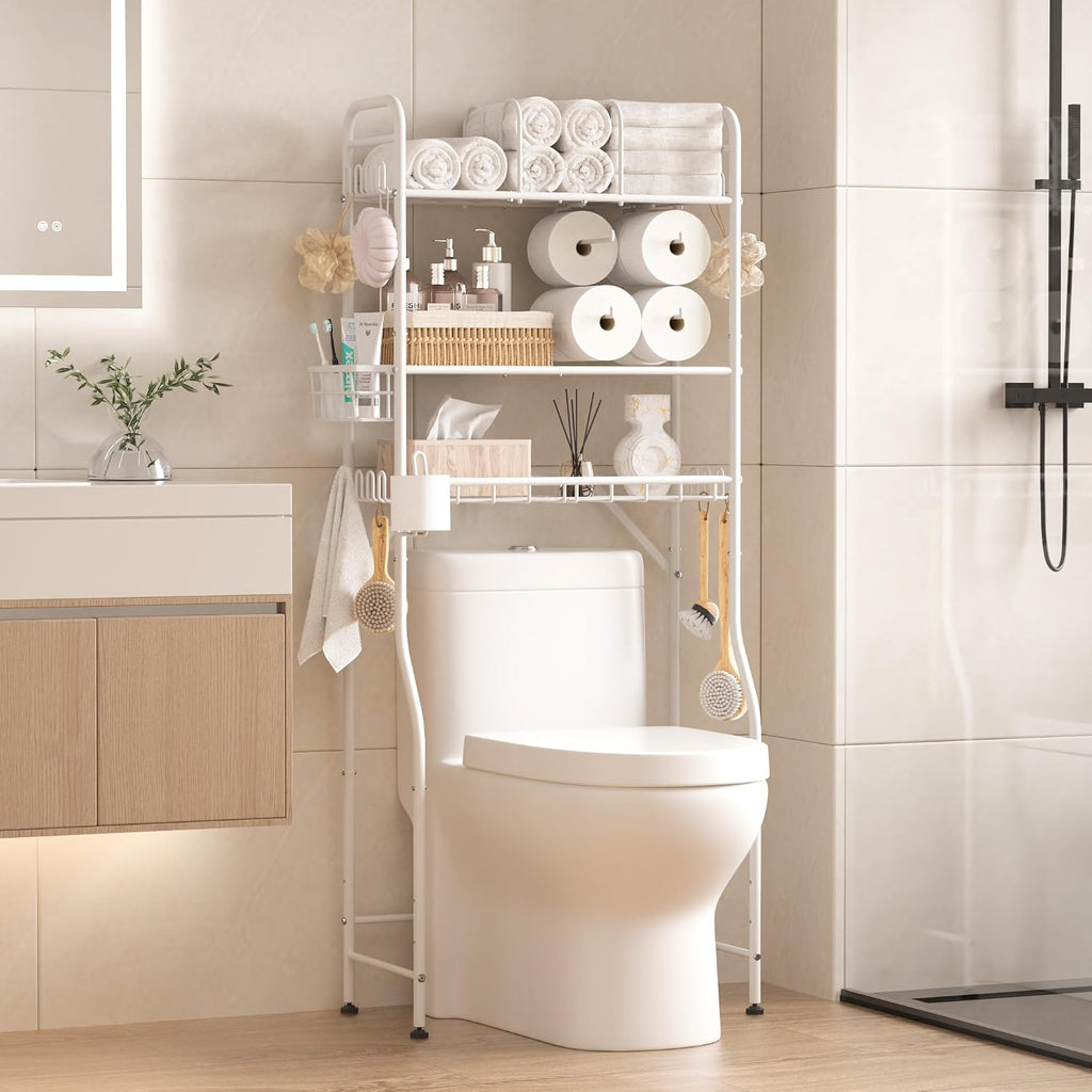 TETOTE Over the Toilet Storage Cabinet, 3-Tier White Bathroom Shelves Over Toilet with Toilet Paper Roll Holder, Freestanding Metal Rack