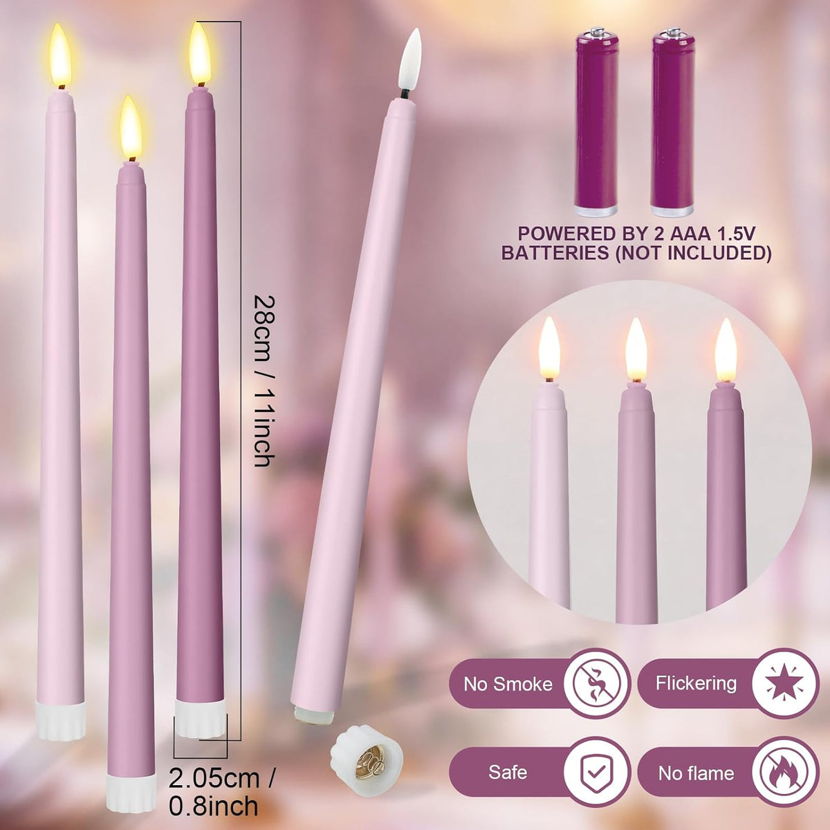 Macarrie 24 Packs Flameless Taper Candles Battery LED 11",Morandi Purple